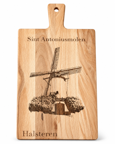Houten snijplank met een afbeelding van de Sint Antoniusmolen en de tekst "Halsteren".