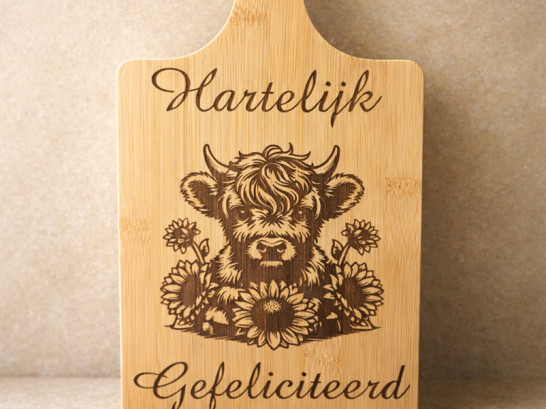 Houten snijplank met een kalf en zonnebloemen, tekst "Hartelijk Gefeliciteerd".